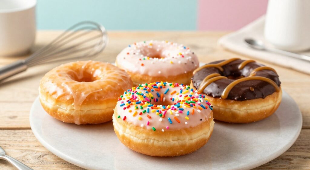 A beautifully arranged plate of freshly baked donuts, showcasing a variety of flavors and toppings. In the foreground, there are three donuts: one glazed with a shiny, golden-brown glaze, another sprinkled with colorful, crunchy rainbow sprinkles, and a chocolate-frosted donut featuring a drizzle of caramel. In the middle ground, a rustic wooden table adds warmth, complemented by subtle kitchen utensils like a whisk and measuring spoons. The background features soft, blurred pastel colors, hinting at a cozy kitchen atmosphere filled with natural light, creating a welcoming and indulgent mood. Soft shadows cast by the donuts enhance the texture, while a shallow depth of field focuses on the delicious details, inviting viewers to enjoy the healthier baked alternatives.