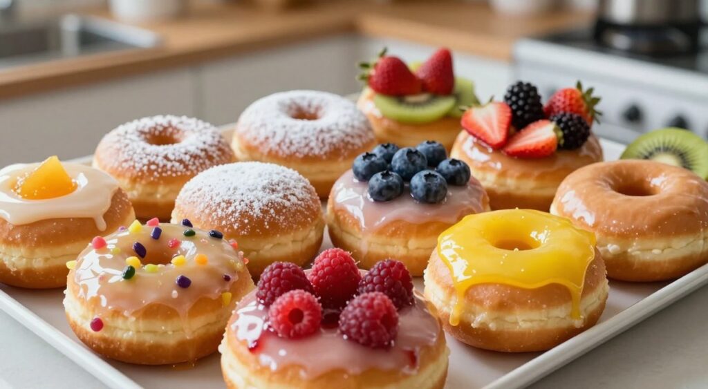 A beautifully arranged platter of fruit-filled donuts, showcasing a variety of flavors and colors. In the foreground, several donuts with shiny glazed toppings are bursting with vibrant fillings like raspberry, blueberry, and lemon curd, some with fruity bits peeking out. The middle ground features a few gently dusted with powdered sugar, artfully placed next to colorful fruits like strawberries, blackberries, and slices of kiwi that complement the donuts. In the blurred background, a cozy kitchen setting with warm, soft lighting enhances the inviting atmosphere. The scene captures the playful delight of these delicious treats, inviting the viewer to indulge in a sweet experience. The angle is slightly top-down for a comprehensive view, focusing on the texture and presentation of the donuts.