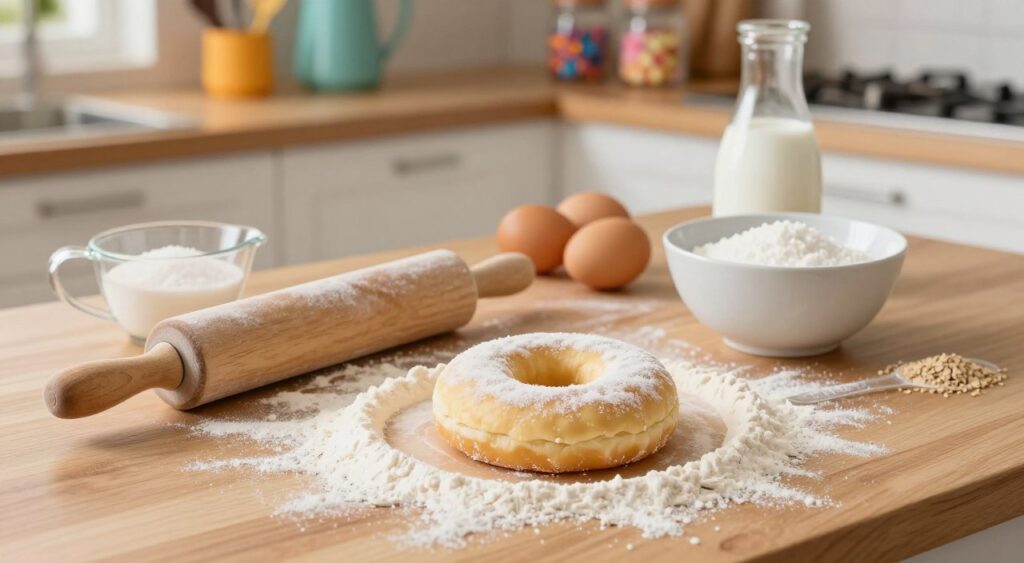 A beautifully arranged scene showcasing the fundamentals of donut dough preparation. In the foreground, a smooth wooden countertop dusted with flour is adorned with a rolling pin, a measuring cup filled with sugar, and an elegant bowl of prepared donut dough, slightly rising. In the midground, display various ingredients like eggs, milk, and yeast, artistically scattered around for a cozy baking atmosphere. The background features a softly lit kitchen with wooden shelves lined with colorful baking tools and jars of sprinkles, creating a warm, inviting ambiance. The lighting should be natural and bright, emphasizing the textures of the dough and ingredients. Capture this scene from an overhead angle to give a comprehensive view, evoking a sense of joy and passion for baking.