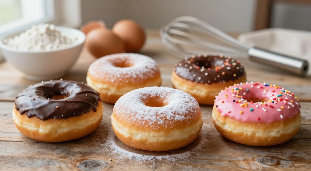 A beautifully arranged selection of assorted cake donuts on a rustic wooden table. In the foreground, three cake donuts are artfully presented: one is glazed with a shiny chocolate topping, another is dusted with powdered sugar, and the third has a vibrant pink frosting topped with colorful sprinkles. The middle of the image captures the soft textures and delicate details, showcasing the moist cake texture of each donut. In the background, out-of-focus ingredients like a bowl of flour, eggs, and a whisk evoke the baking process, softly illuminated by warm, natural light streaming through a nearby window. The overall atmosphere is cozy and inviting, perfect for enticing readers' taste buds.