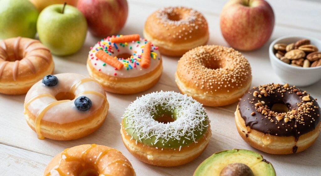 A beautifully arranged tabletop featuring an array of healthier donut options, showcasing a variety of flavors and toppings. In the foreground, focus on a glazed matcha donut topped with shredded coconut, a baked blueberry donut with a light drizzle of honey, and a chocolate avocado donut with crushed nuts. The middle ground includes additional donuts, such as a turmeric-infused carrot donut with colorful sprinkles and a whole grain cinnamon apple donut. In the background, softly blurred, are props like fresh fruits and a small bowl of nuts to enhance the theme. The scene is illuminated by warm, natural lighting, creating a cozy atmosphere. The angle is a slight overhead shot, inviting and enticing, emphasizing the texture and vibrancy of the donuts while maintaining an organized and clean aesthetic.