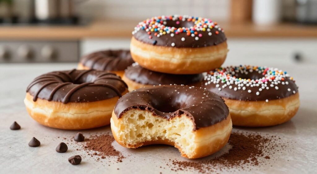 A beautifully styled arrangement of an assortment of decadent chocolate donuts, featuring various toppings such as chocolate glaze, sprinkles, and drizzled chocolate. In the foreground, showcase a rich, glossy chocolate donut with a bite taken out, revealing its soft, fluffy interior. In the middle ground, place additional donuts artistically stacked, surrounded by cocoa powder and a sprinkle of chocolate chips. The background should feature a warm, inviting kitchen scene with soft lighting, capturing a homey atmosphere. Use a shallow depth of field to create a blurred effect on the background while keeping the donuts in crisp focus, giving a sense of depth and dimension. The overall mood should feel indulgent and appealing, like a chocolate lover's dream.