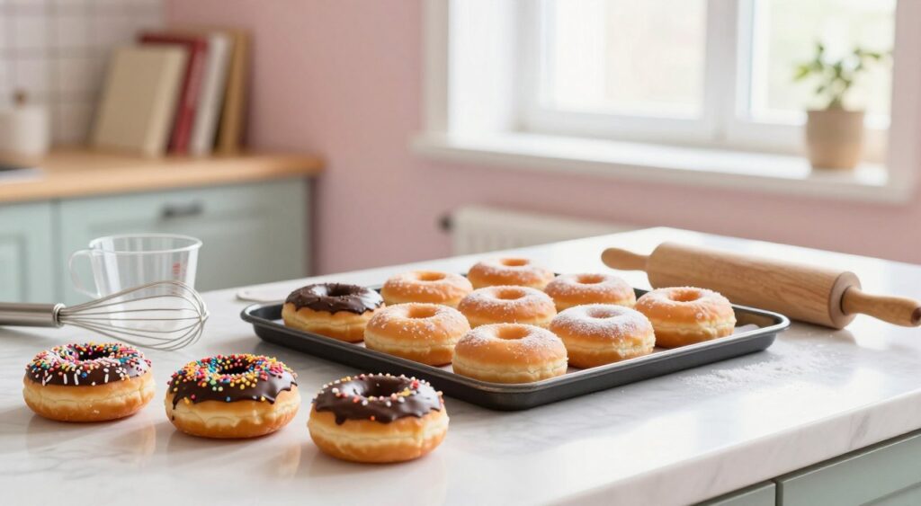 A bright and inviting kitchen scene showcasing the essential tools and tips for troubleshooting common donut making problems. In the foreground, a well-organized countertop featuring a variety of donut toppings like sprinkles, chocolate glaze, and powdered sugar, along with essential baking tools such as a whisk, measuring cups, and a rolling pin. In the middle, a tray of freshly baked donuts, some slightly uneven or with an imperfect glaze, symbolizing common issues. In the background, soft natural light streams through a nearby window, highlighting a subtly rustic kitchen ambiance with pastel-colored walls and a wooden shelf filled with baking books. The overall mood is warm and encouraging, depicting a sense of creativity and problem-solving in the art of donut making.