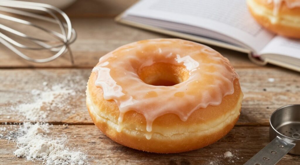 A close-up view of a freshly made yeast donut, golden-brown and fluffy, adorned with a glossy glaze that reflects soft light. The donut is sitting on a rustic wooden table, surrounded by a few scattered flour and baking tools like a whisk and measuring cups, creating a cozy kitchen atmosphere. In the background, you can see a hint of an open cookbook with a classic donut recipe, blurred to keep the focus on the donut itself. The lighting is warm and inviting, emphasizing the textures of the donut's light, airy surface. The image evokes feelings of comfort and indulgence, perfect for illustrating the joy of homemade treats.