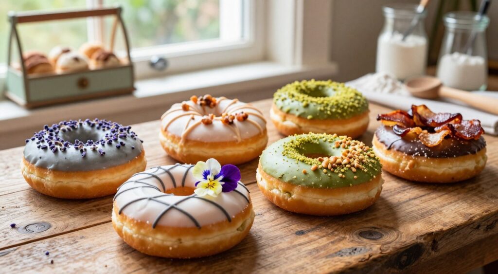 A collection of gourmet donuts arranged artfully on a rustic wooden table, featuring unique flavors like lavender earl grey, matcha pistachio, and maple bacon. The foreground showcases several donuts with intricate icing designs and toppings; one donut is topped with edible flowers and another with crushed nuts. In the middle ground, a soft-focus display of a vintage bakery scene provides a warm, inviting atmosphere filled with natural light streaming through a nearby window, highlighting the textures of the donuts. The background includes subtle hints of pastry tools and ingredients, like flour and sugar, to create a cozy, culinary vibe. Overall, the image captures a sense of indulgence and creativity in gourmet baking.