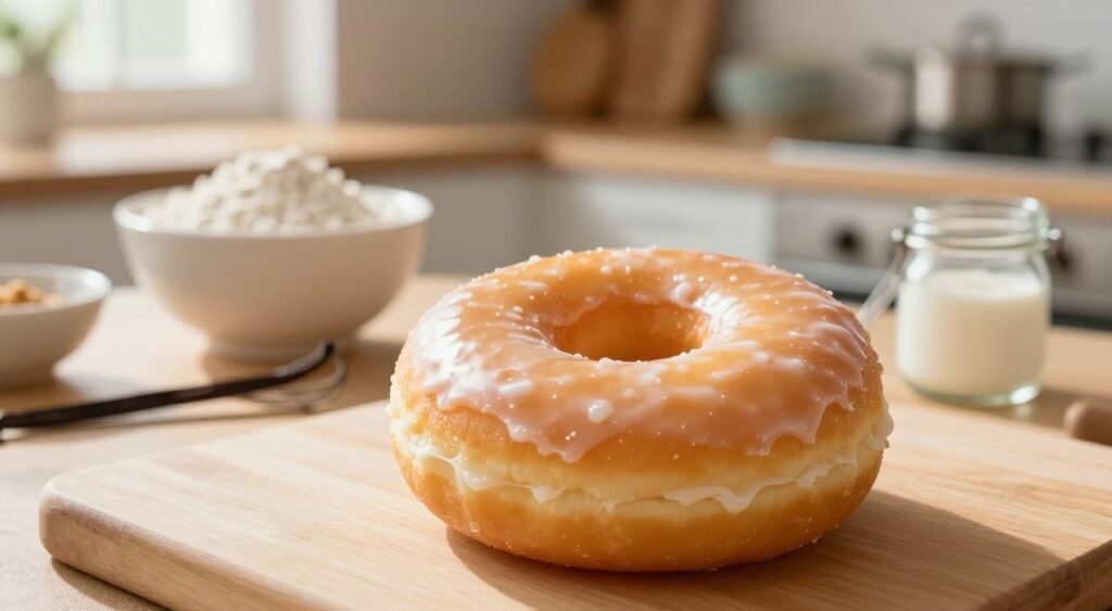 A freshly made glazed donut sits prominently in the foreground, showcasing its shiny, smooth glaze glistening under soft, warm lighting. The donut is perfectly round, with a light golden-brown hue on the dough, capturing the eye with its enticing finish. In the middle ground, a small selection of ingredients is artfully arranged, including a bowl of flour, a whisk, and a jar of vanilla extract, hinting at the recipe process. Soft-focus kitchen backdrop features wooden countertops and subtle kitchenware, creating a cozy baking atmosphere. The scene is illuminated by natural light streaming from a nearby window, casting gentle shadows and enhancing the inviting, homemade feel. Overall, the mood is warm and delightful, embodying the essence of indulgent baking.