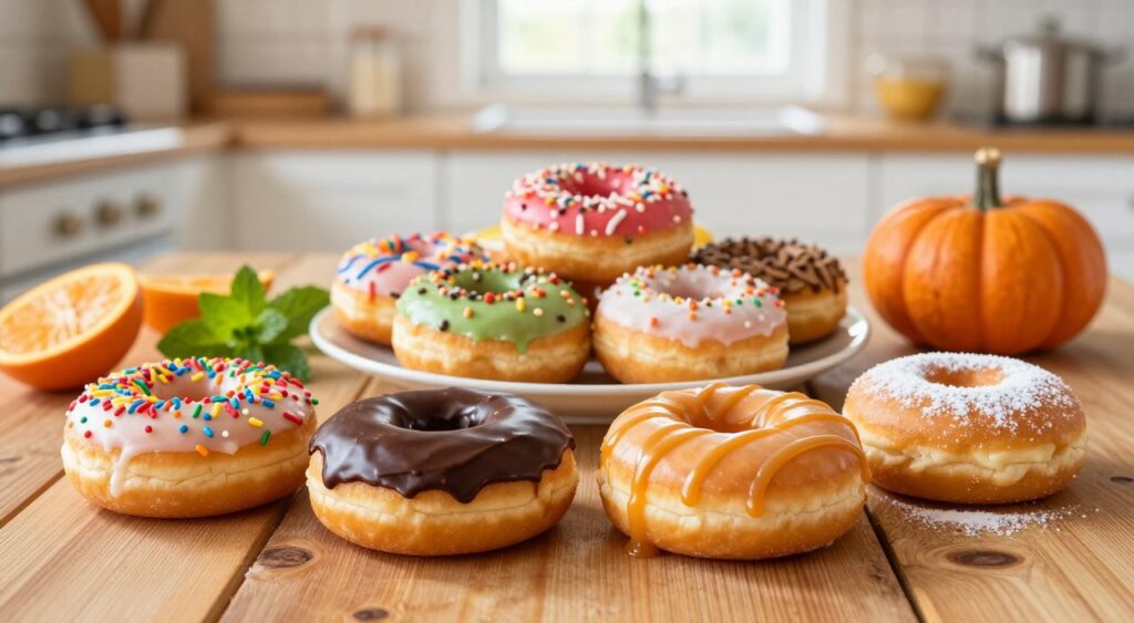 A vibrant and inviting assortment of handcrafted donuts displayed on a rustic wooden table. In the foreground, focus on four distinct types of donuts: a glazed classic topped with rainbow sprinkles, a rich chocolate ganache donut, a maple-infused variety drizzled with caramel, and a seasonal pumpkin spice donut with powdered sugar. The middle ground features a charming plate filled with assorted colorful donuts, surrounded by fresh fruits and sprigs of mint for a pop of color. In the background, a softly blurred kitchen scene with warm, natural light pouring in through a window, enhancing the homey atmosphere. The setting evokes warmth, creativity, and the joy of baking, perfect for inspiring donut recipe exploration. The shot is taken with a soft-focus lens, capturing a cozy and inviting mood, ideal for food enthusiasts.
