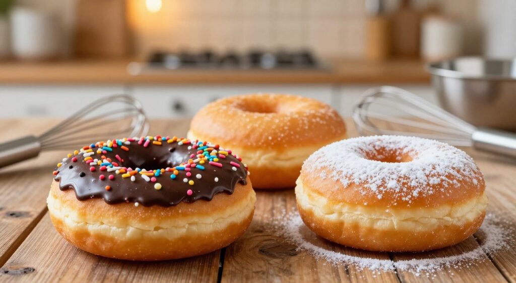 A vibrant display of yeast donuts and cake donuts, artistically arranged on a rustic wooden table. In the foreground, showcase a fluffy, golden-brown yeast donut topped with glossy chocolate icing, adorned with colorful sprinkles. Beside it, place a perfectly round, slightly denser cake donut dusted with powdered sugar, its texture evident. In the middle ground, add a softly lit backdrop featuring a subtle blur of a cozy kitchen setting, with warm lighting creating an inviting atmosphere. Include a few baking tools like a whisk and mixing bowl, hinting at the art of donut-making. The overall mood is warm and inviting, celebrating the delightful contrast between the airy yeast donuts and the rich cake donuts, inviting viewers to indulge in their delicious appeal.