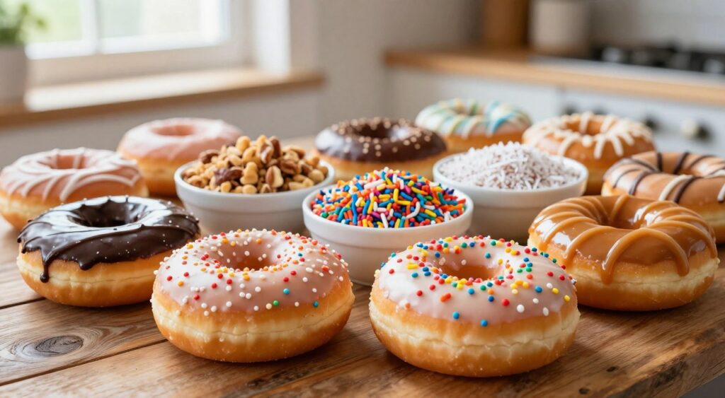 A vibrant, mouth-watering display of assorted donut glazes and toppings artistically arranged on a rustic wooden table. In the foreground, focus on several freshly frosted donuts, showcasing a variety of textures and colors, including a glossy chocolate glaze, smooth vanilla icing sprinkled with colorful confetti, and a rich caramel drizzle. In the middle, feature bowls filled with diverse toppings like crushed nuts, coconut flakes, and rainbow sprinkles, softly illuminated by natural light streaming in from a nearby window. In the background, softly blurred, hint at more donuts and a warm, inviting kitchen atmosphere. This setup radiates a cheerful and indulgent mood, perfect for enticing donut lovers. Use a shallow depth of field to ensure the donuts are the main focus, capturing their delicious details.
