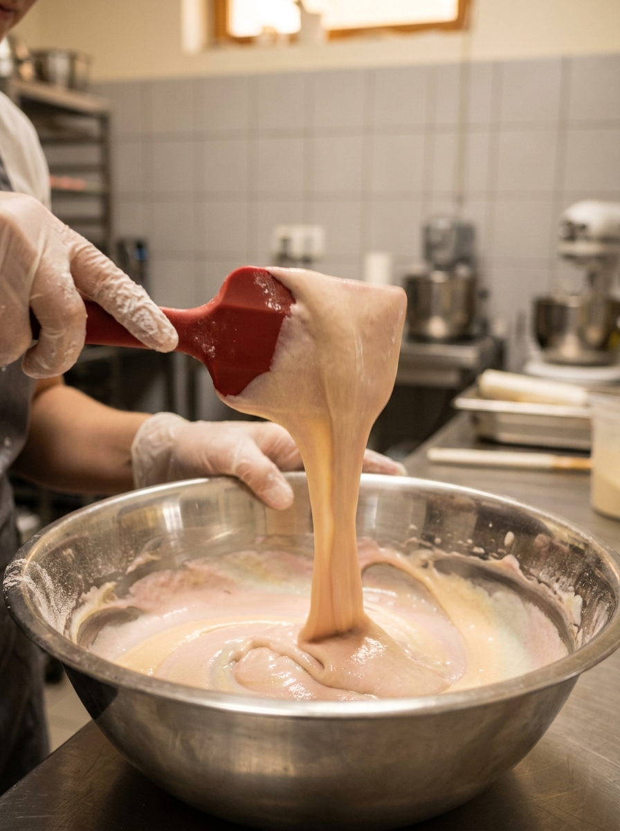 Pierre Hermé Macaron Recipe: Master the Italian Method at Home Baker's hands folding glossy macaron batter in a stainless bowl, showing the ribbon-like consistency of properly macaronnéd batter.