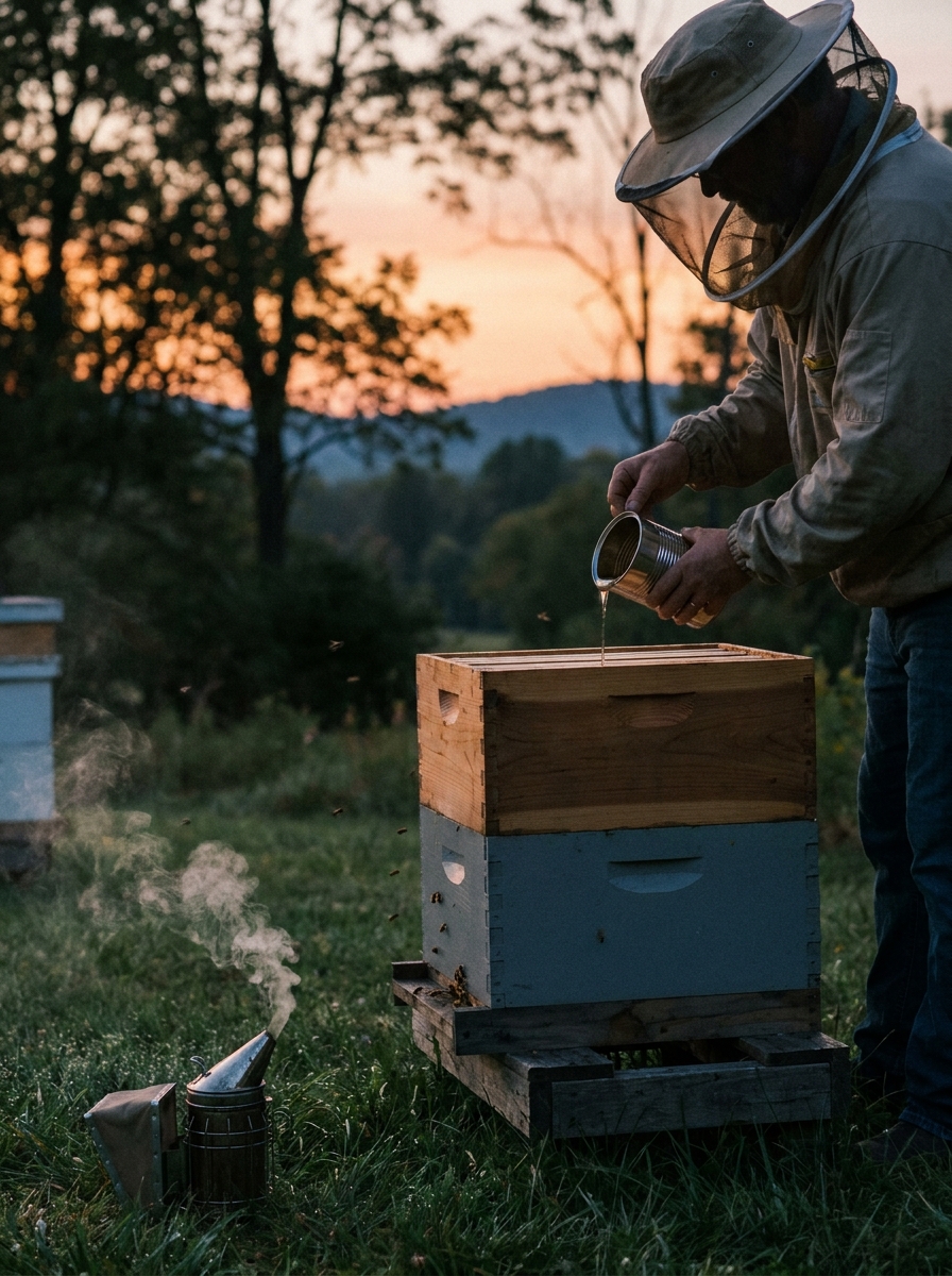 Beekeeper filling hive feeder 202608271220
