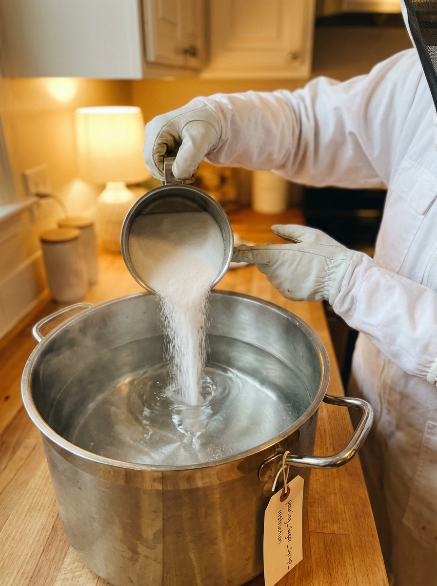 Beekeeper pouring sugar into water 202608271219