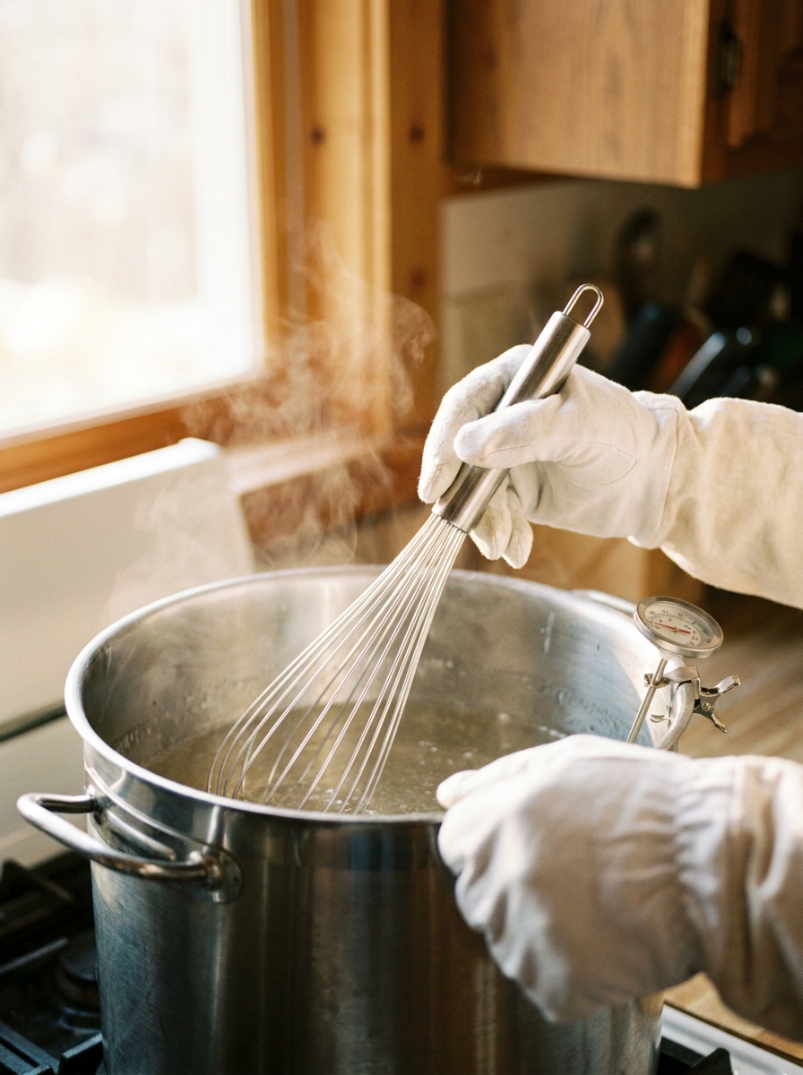 1 To 1 Sugar Syrup Recipe For Bees: The Ultimate Spring Feeding Guide Beekeeper stirring warm sugar syrup 202608271152