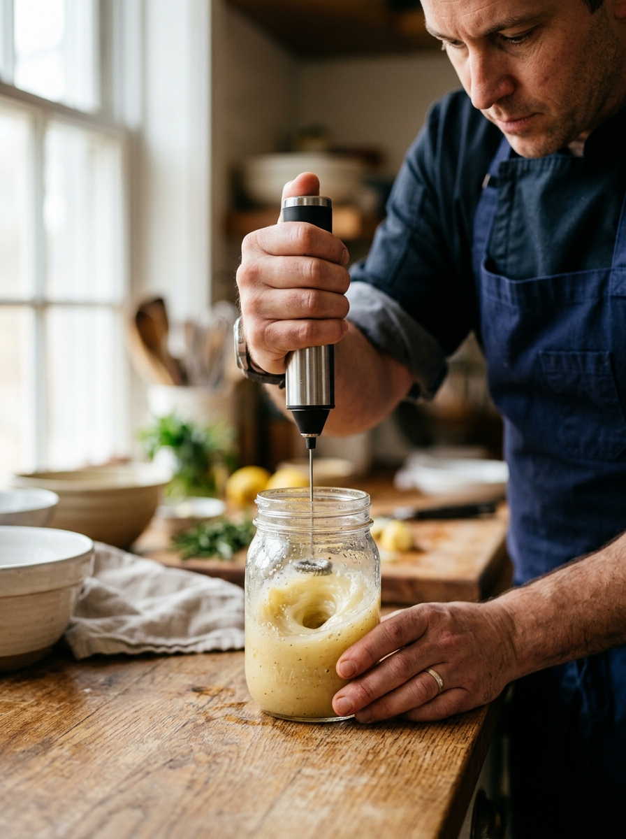 0 Calorie Salad Dressing Recipe: Foolproof Zesty Herb Vinaigrette from Scratch Chef blending dressing with frother 202608260902