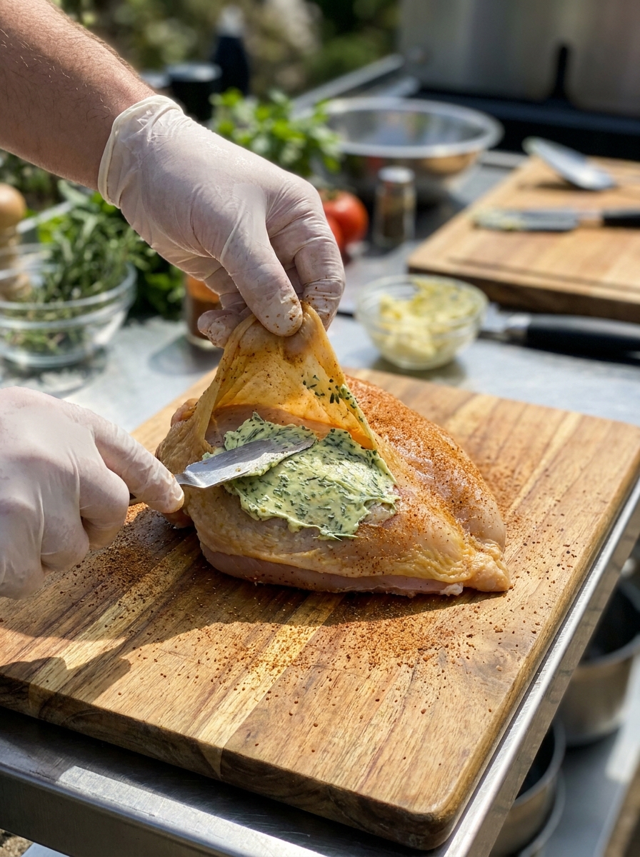 Char-Broil The Big Easy 3-In-1 Smoker Roaster And Grill Recipes: Smoked Herb-Butter Whole Chicken Chef spreading butter on chicken 202608281134