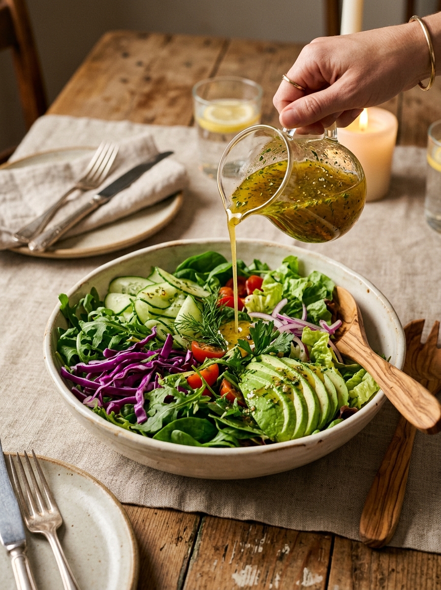 0 Calorie Salad Dressing Recipe: Foolproof Zesty Herb Vinaigrette from Scratch Drizzling dressing over salad bowl 202608261102