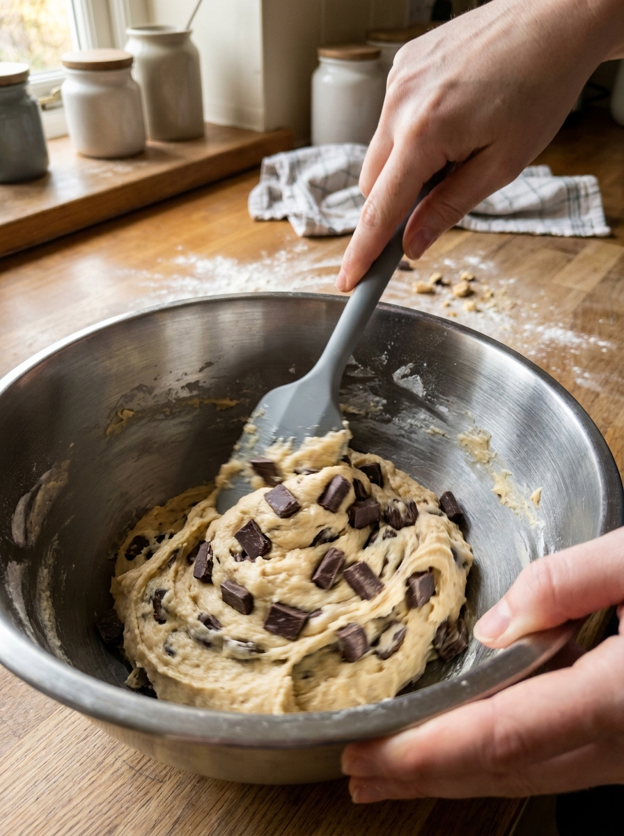 Folding chocolate chunks into dough 202608281116