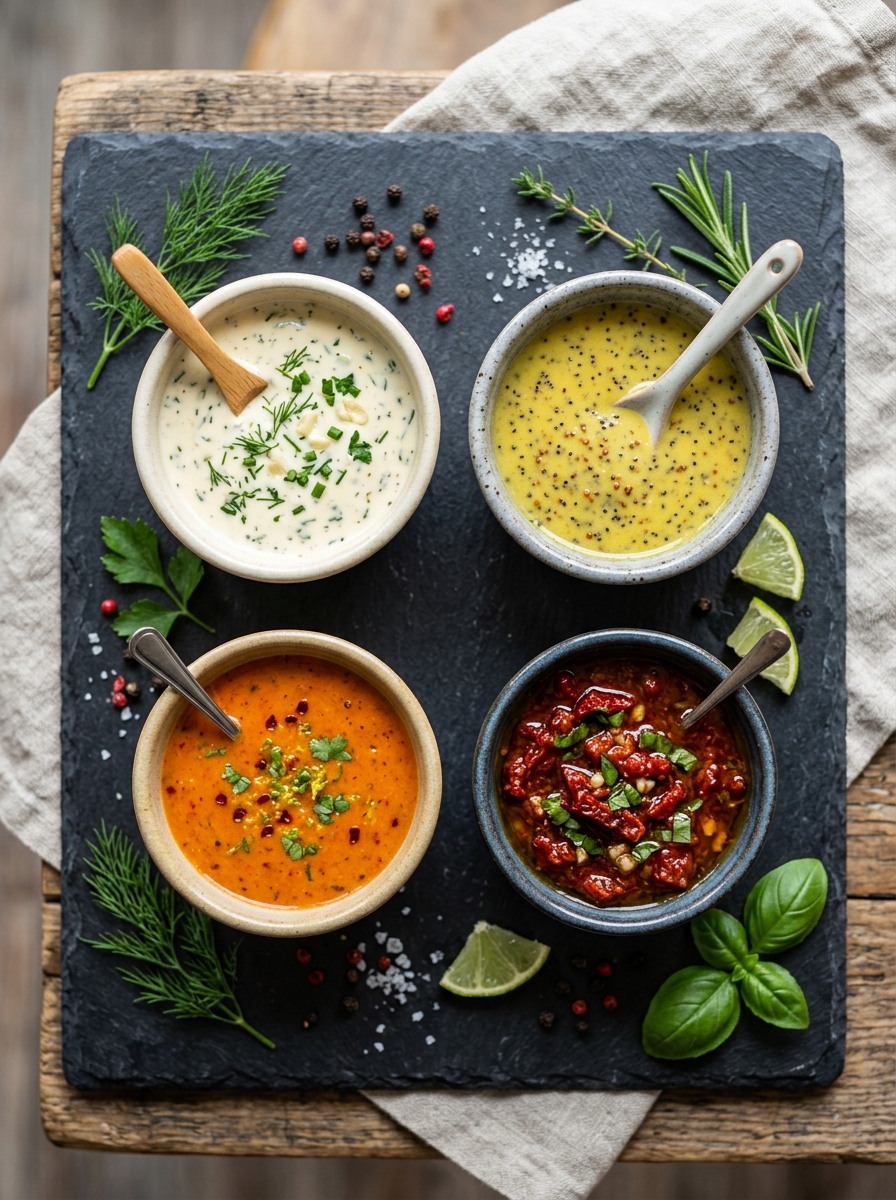 0 Calorie Salad Dressing Recipe: Foolproof Zesty Herb Vinaigrette from Scratch Four ceramic ramekins with dress… 202608261102