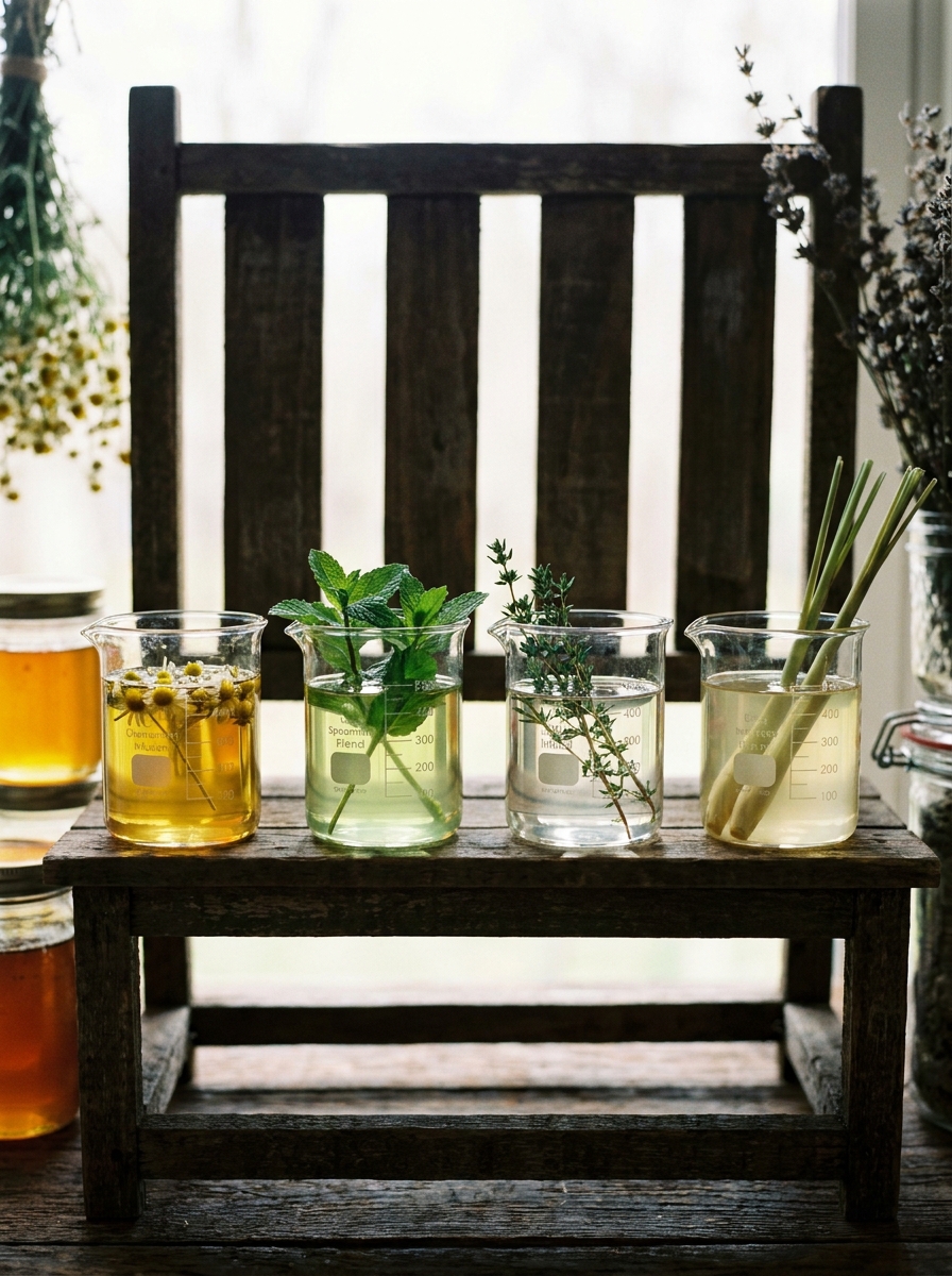 1 To 1 Sugar Syrup Recipe For Bees: The Ultimate Spring Feeding Guide Four herbal syrup tasting beakers 202608271154