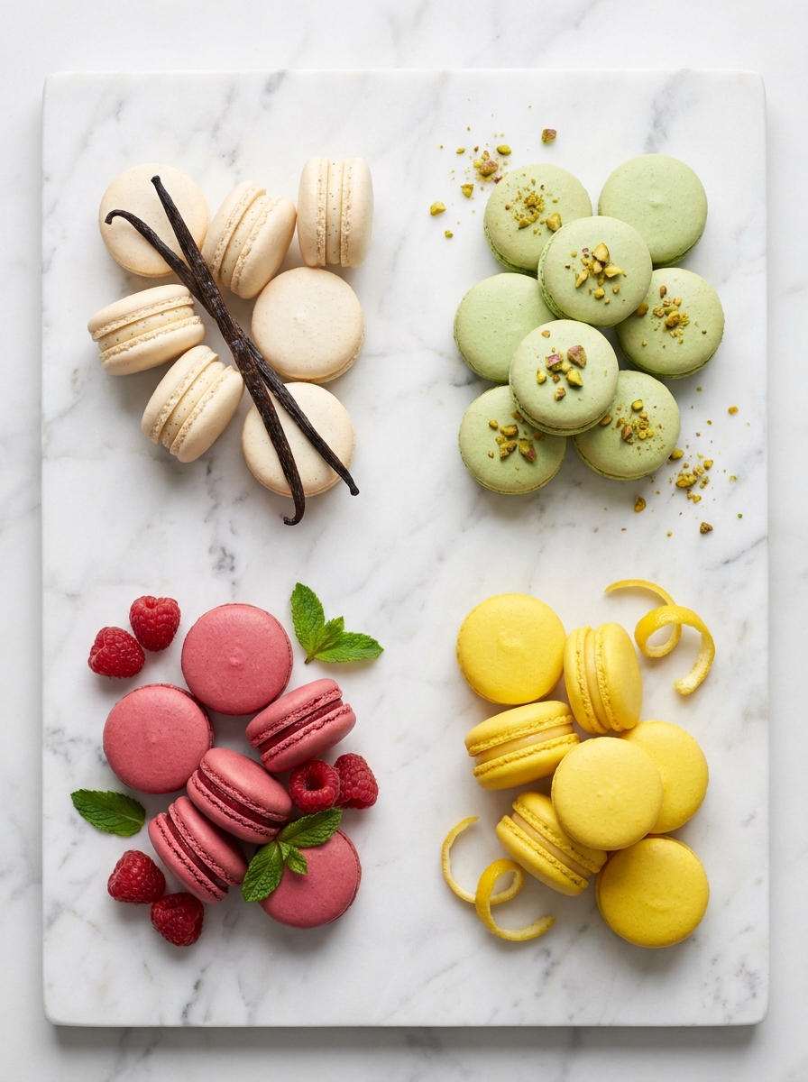Pierre Hermé Macaron Recipe: Master the Italian Method at Home Four varieties of French macarons arranged in quadrants — vanilla, pistachio, raspberry, and lemon — each styled with matching ingredients.