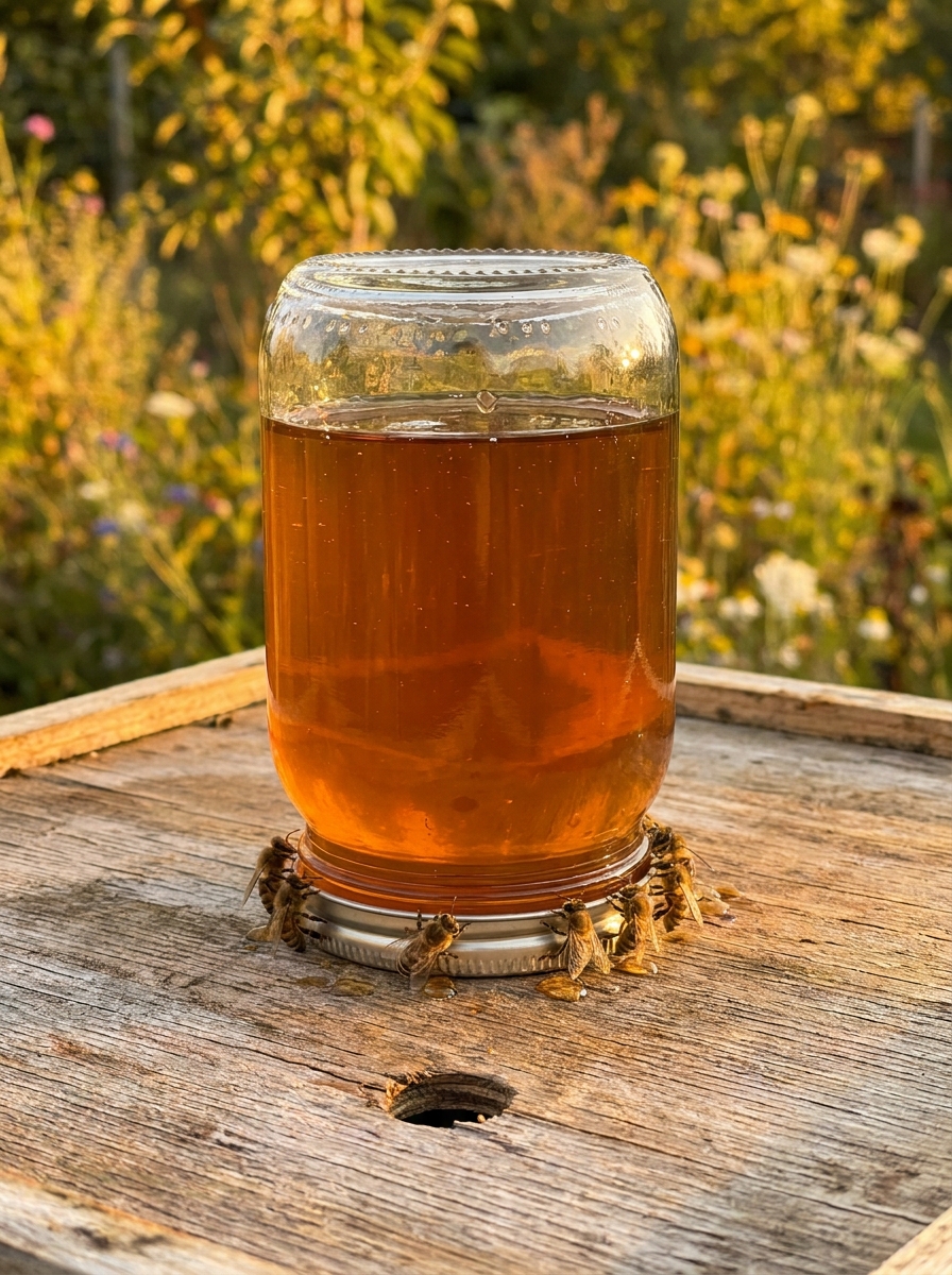 Honeybees feeding from jar feeder 202608281109