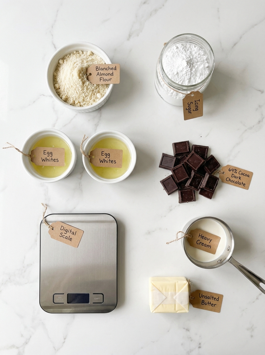 Pierre Hermé Macaron Recipe: Master the Italian Method at Home Flat lay of French macaron ingredients including almond flour, icing sugar, egg whites, dark chocolate, and cream on white marble.