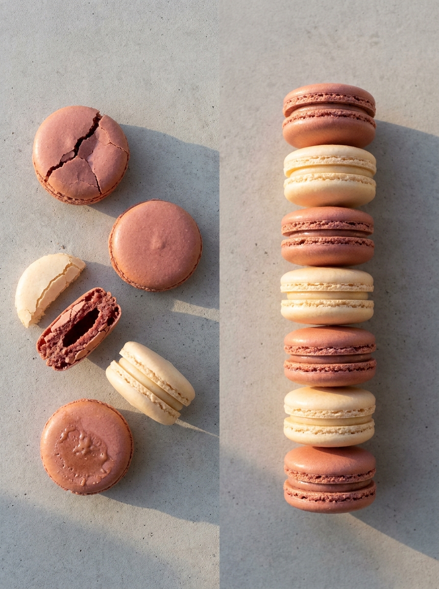 Pierre Hermé Macaron Recipe: Master the Italian Method at Home Side-by-side comparison of failed macarons with cracks and no feet versus perfect macarons with smooth domes and ruffled feet.