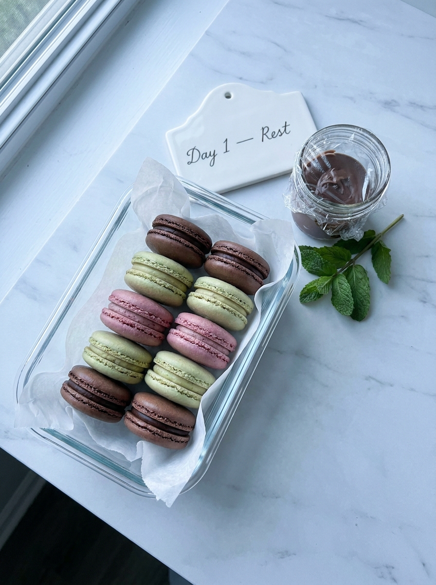 Pierre Hermé Macaron Recipe: Master the Italian Method at Home Layers of pastel macarons stored in a clear glass airtight container lined with parchment paper on a marble surface.