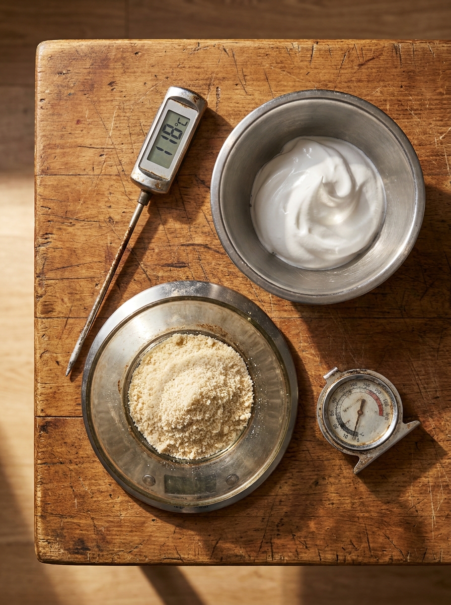 Pierre Hermé Macaron Recipe: Master the Italian Method at Home Pastry chef tools including a candy thermometer reading 118°C, kitchen scale with almond flour, and glossy Italian meringue in a bowl.