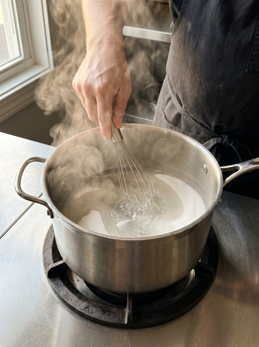 Person stirring sugar syrup 202608281108