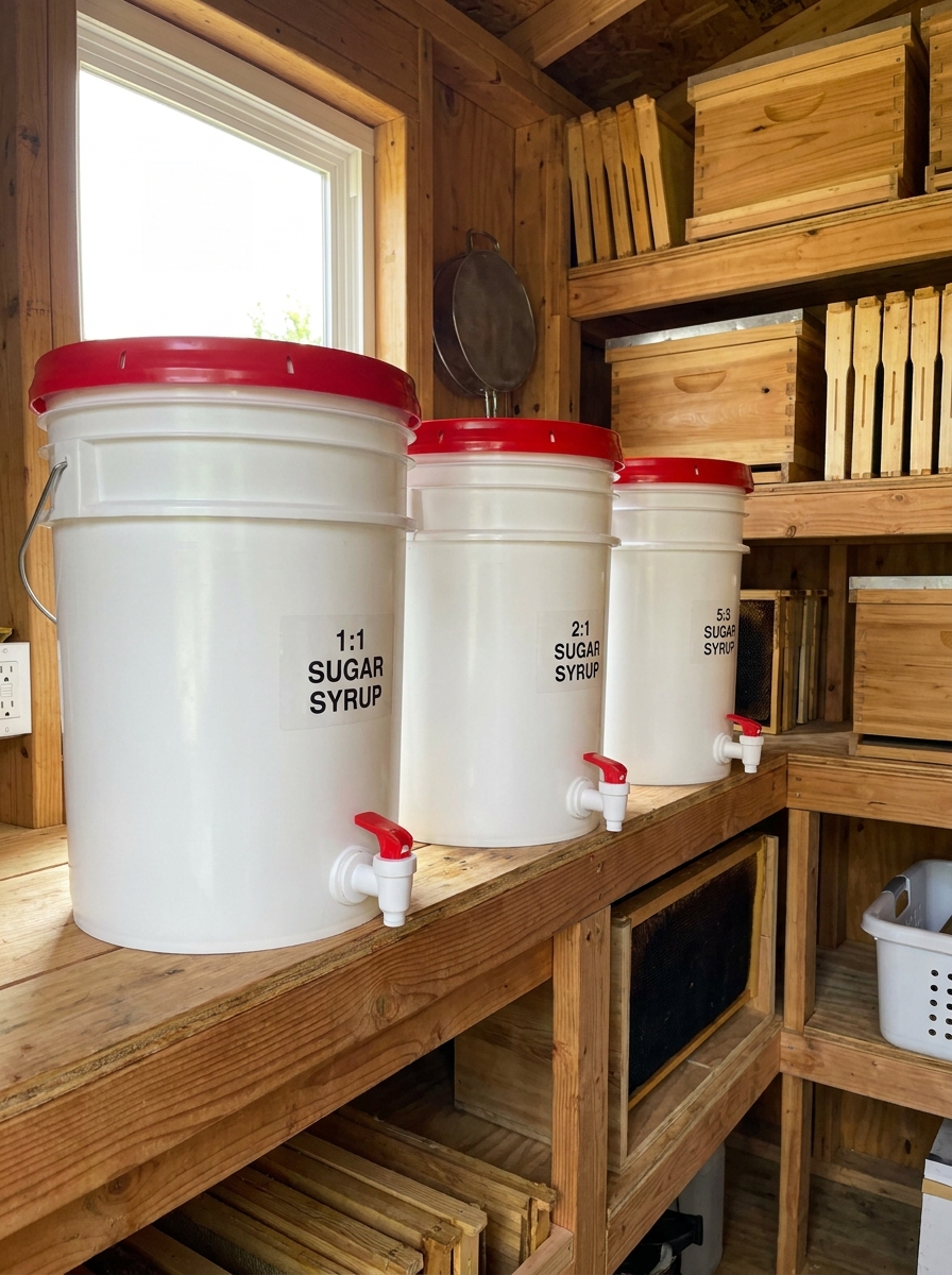 Plastic buckets on wooden shelving 202608271220