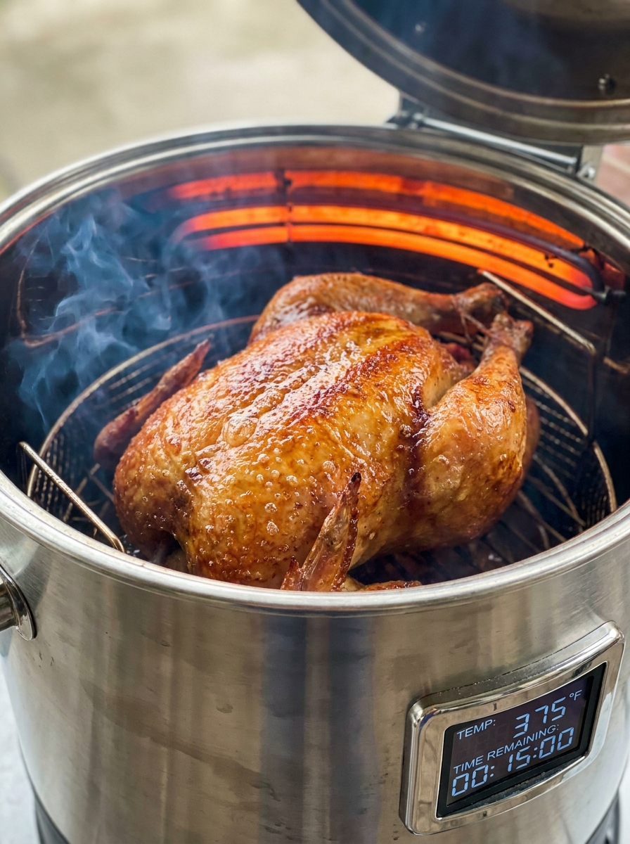 Char-Broil The Big Easy 3-In-1 Smoker Roaster And Grill Recipes: Smoked Herb-Butter Whole Chicken Poultry skin browning under heat 202608281133