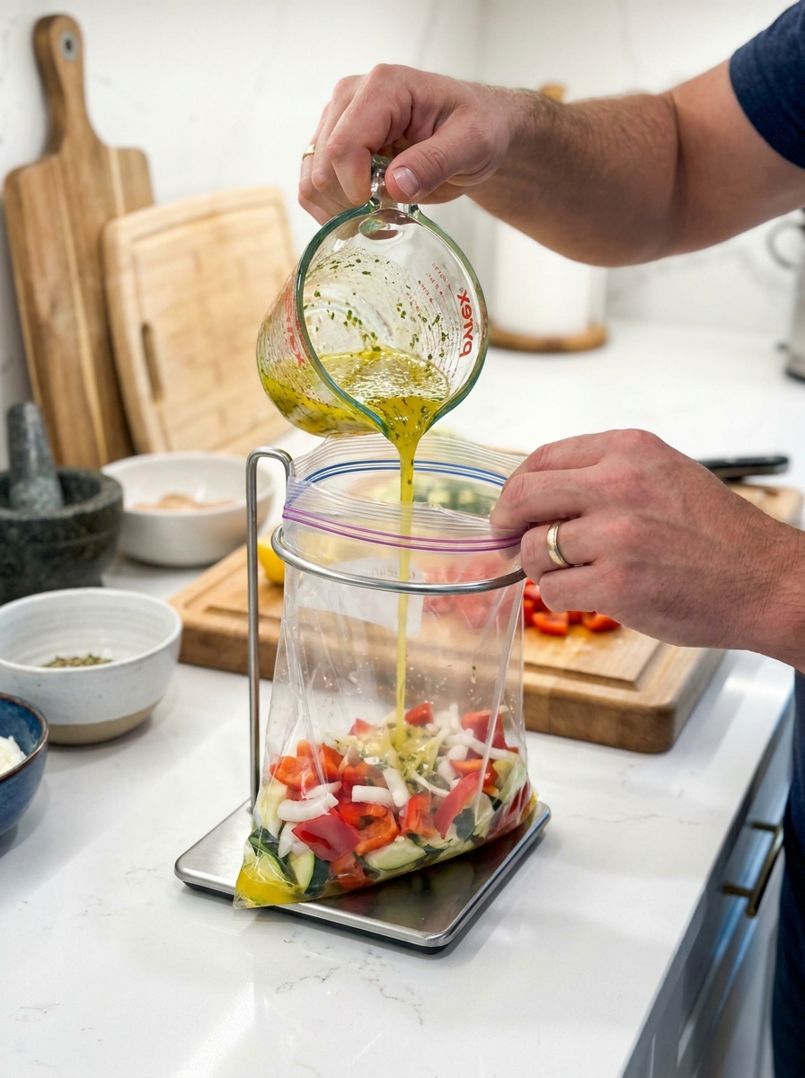 5 Dinners 1 Hour Recipes: The Ultimate Weeknight Meal Prep System Pouring marinade into freezer bag 202608281154