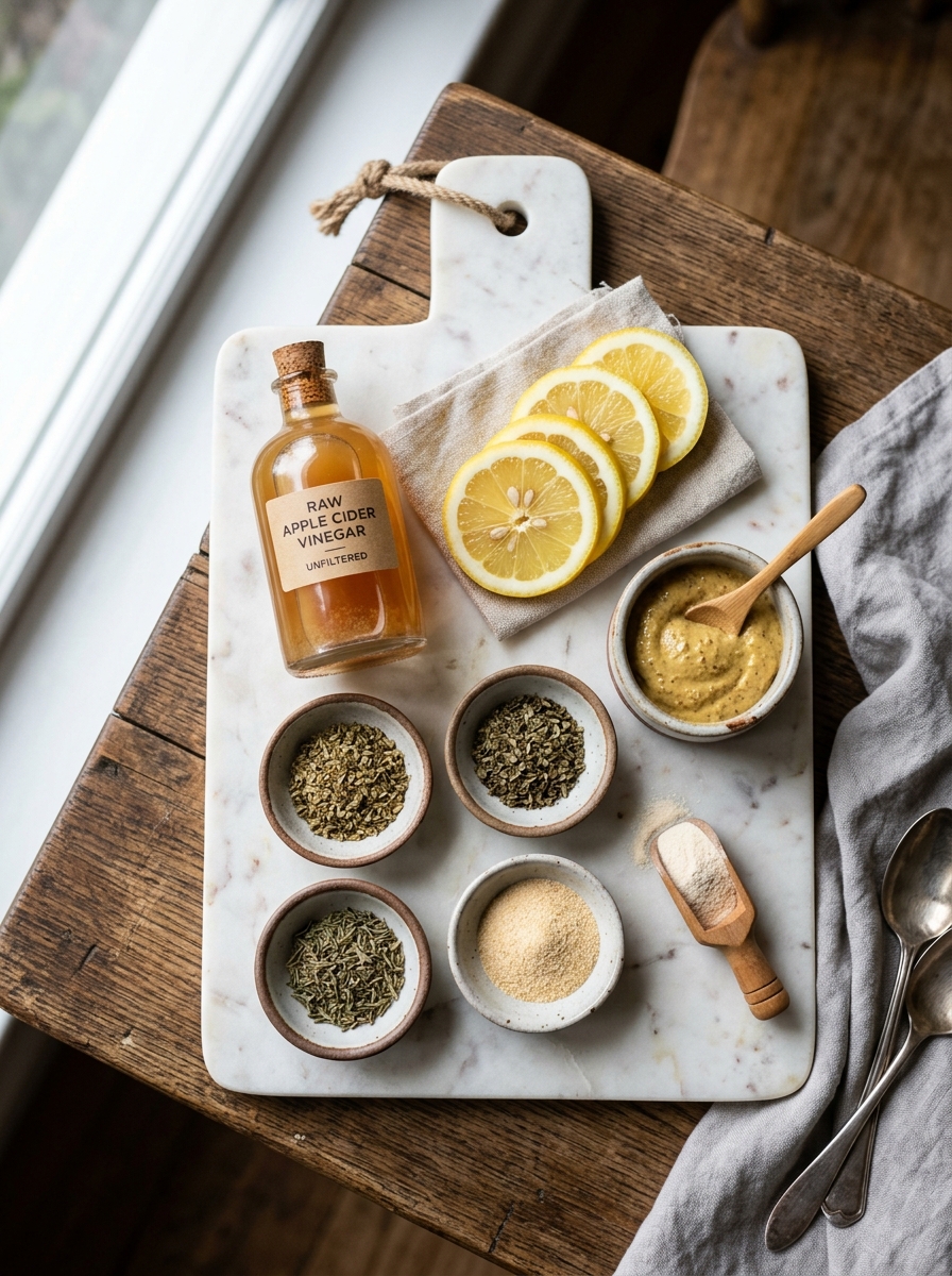 0 Calorie Salad Dressing Recipe: Foolproof Zesty Herb Vinaigrette from Scratch Raw ingredients on cutting board 202608260901