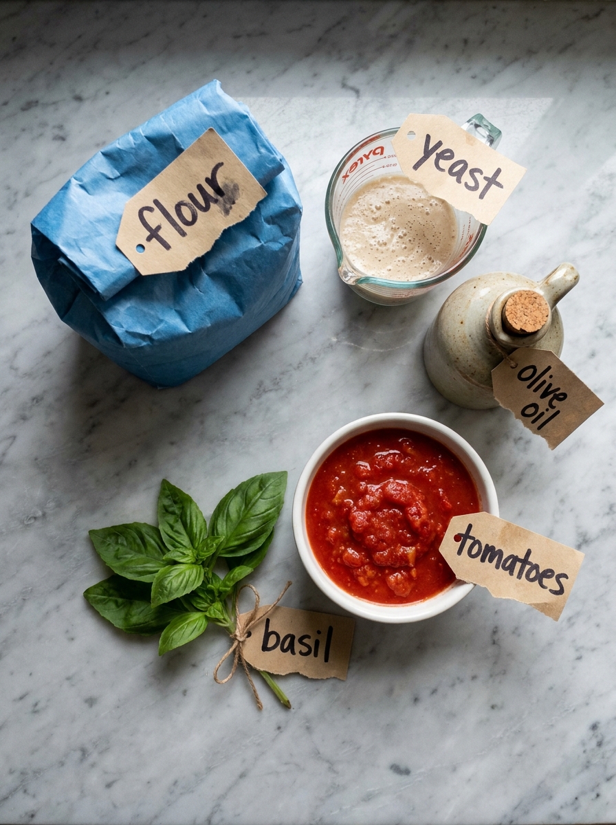 Bob's Red Mill 1 To 1 Pizza Crust Recipe: Crispy, Chewy, and Foolproof Raw pizza ingredients flat lay 202608281033