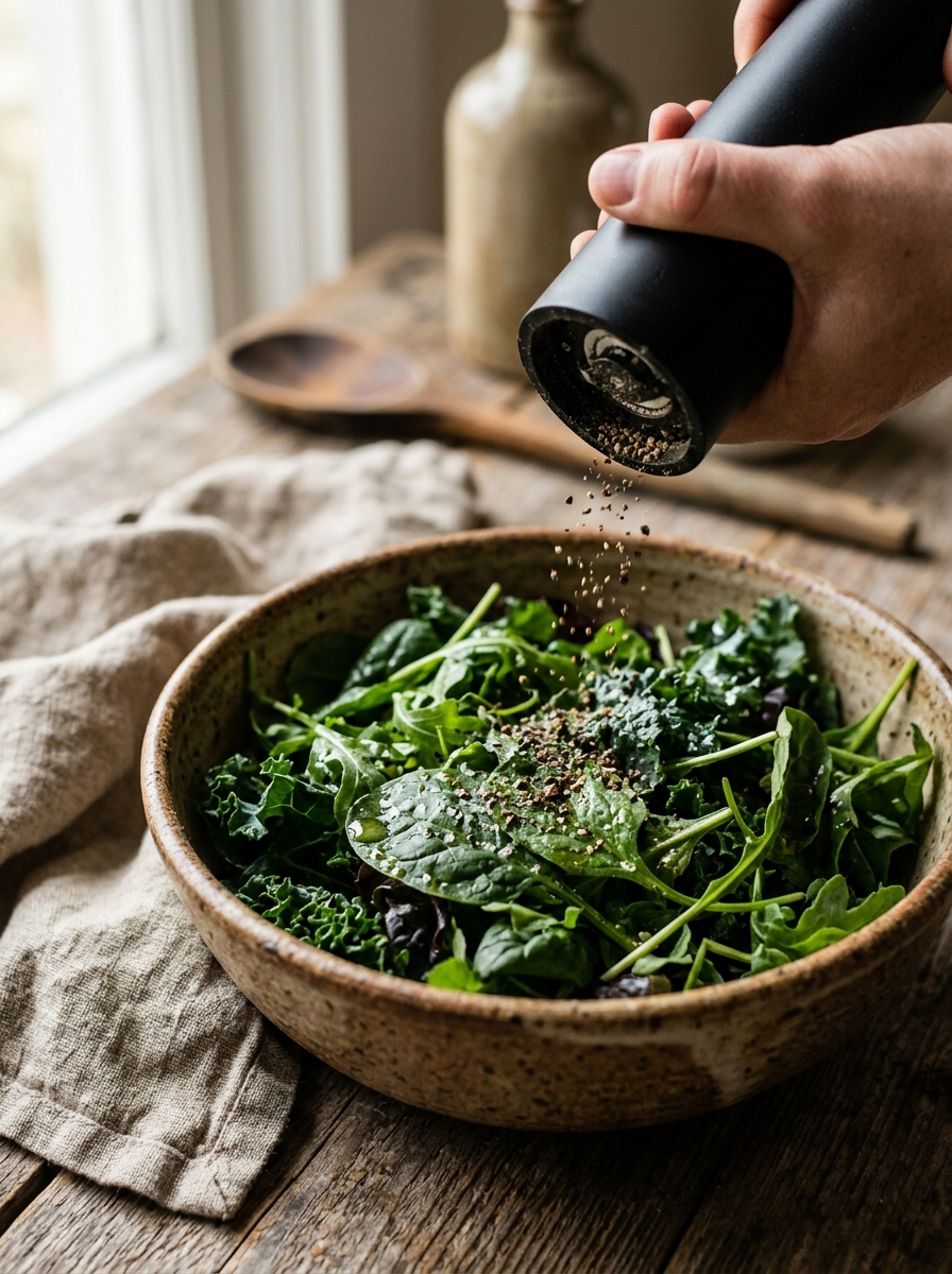 0 Calorie Salad Dressing Recipe: Foolproof Zesty Herb Vinaigrette from Scratch Seasoning salad greens in bowl 202608260903