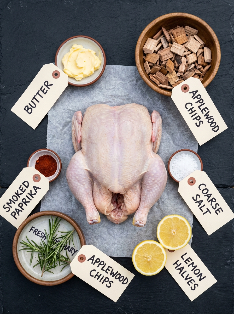Char-Broil The Big Easy 3-In-1 Smoker Roaster And Grill Recipes: Smoked Herb-Butter Whole Chicken Smoked chicken ingredients flat lay 202608281134