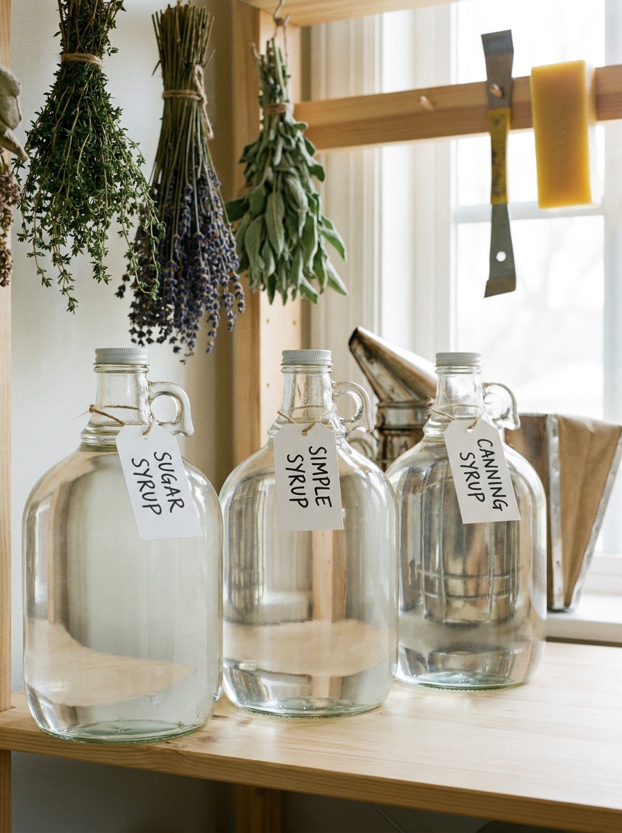 1 To 1 Sugar Syrup Recipe For Bees: The Ultimate Spring Feeding Guide Three clear jugs with syrup 202608271153