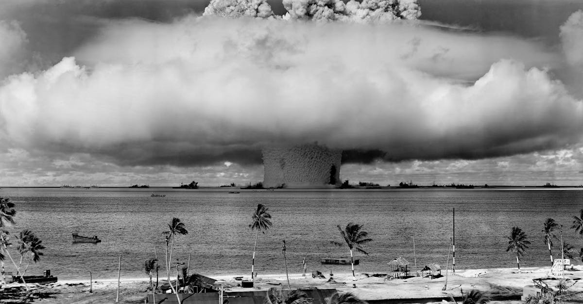 a black and white image of a nuclear explosion seen from a tropical beach with coconut trees