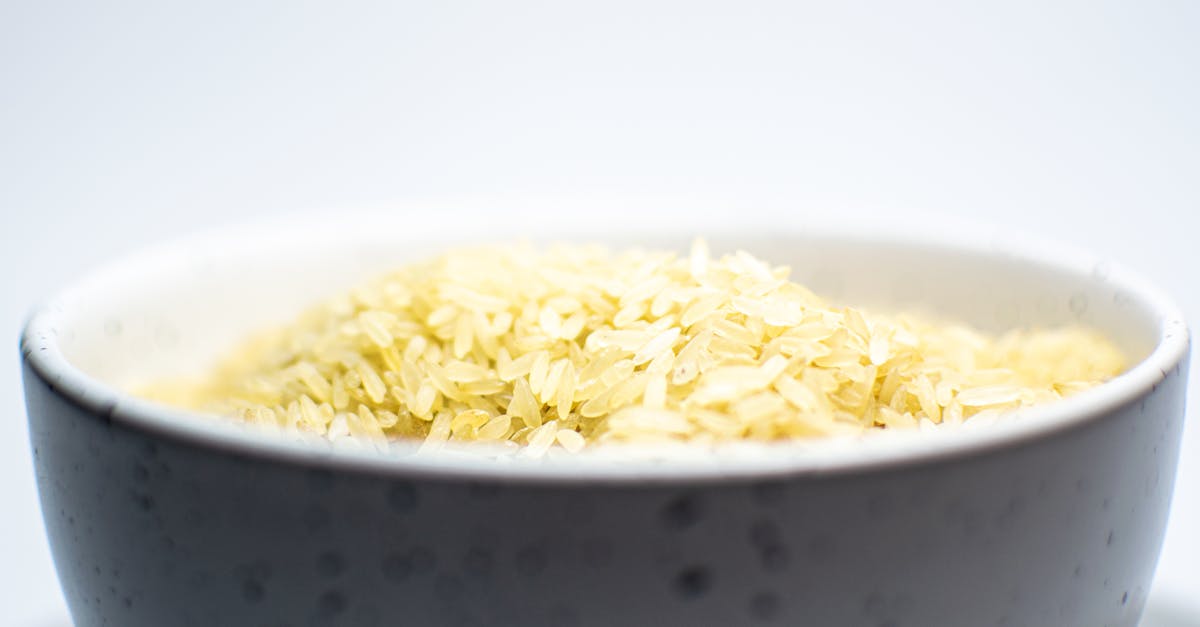 a close up view of uncooked white rice in a speckled ceramic bowl on a light background