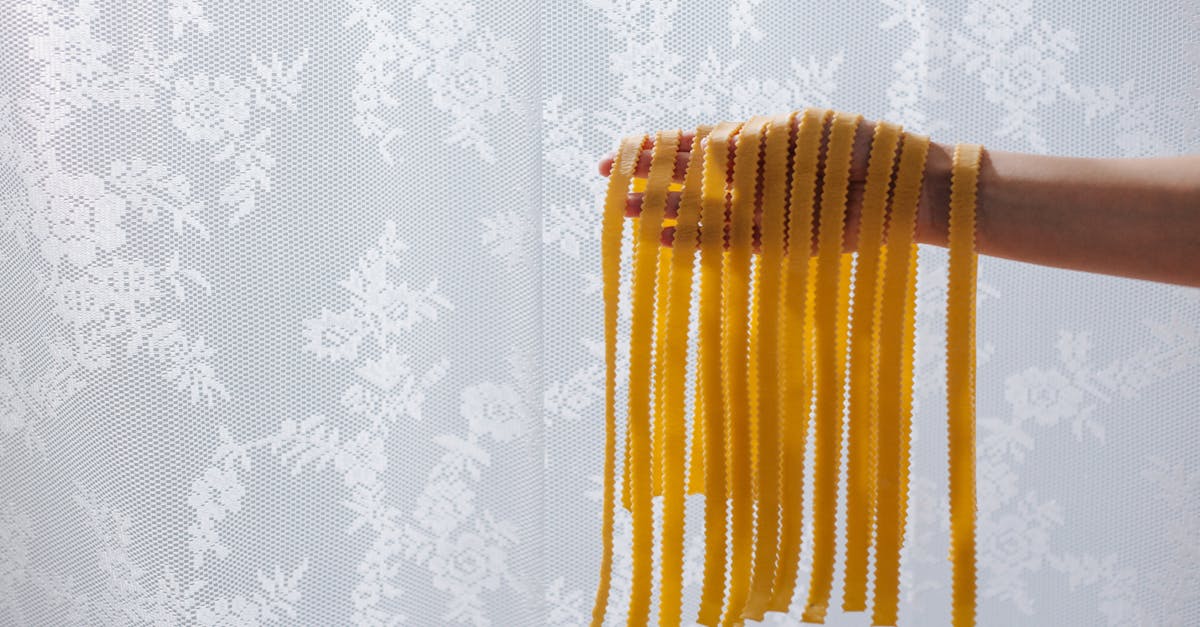 a hand holding freshly cut pasta ribbons against a lace curtain perfect for culinary concepts