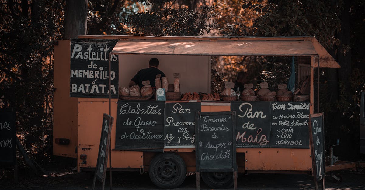 a nostalgic street food stall selling assorted breads in an autumn setting