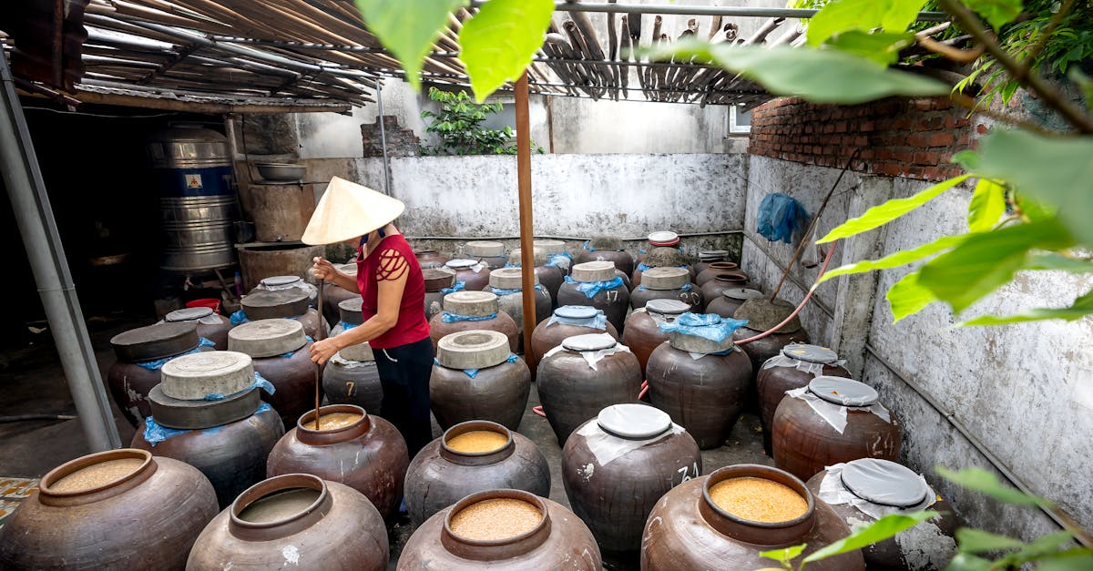 a person in a conical hat working in a traditional fermentation room with many jars