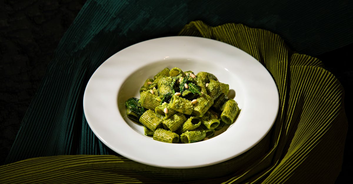 a plate of delicious rigatoni pasta with fresh spinach pesto arranged artfully 8