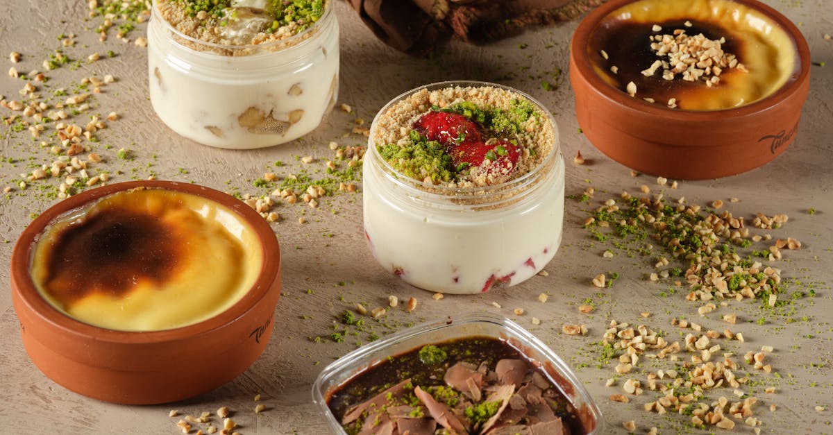 a rustic display of homemade desserts in glass and clay containers garnished with nuts and herbs 1