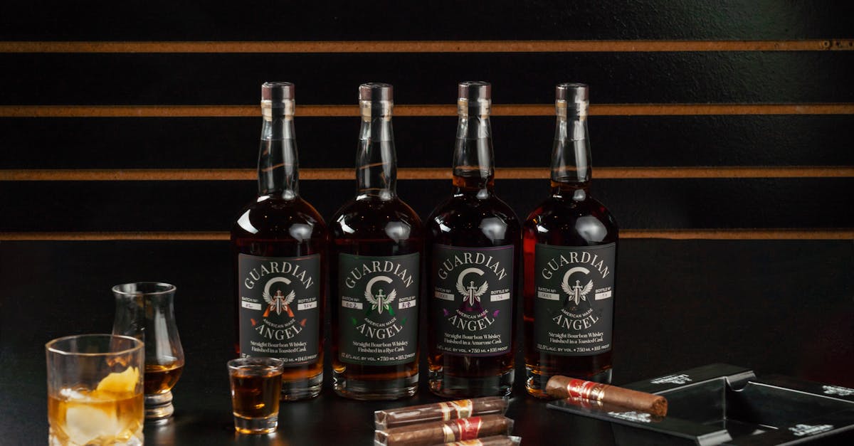 a stylish display of guardian angel whiskey bottles with cigars in a new orleans bourbon bar setting