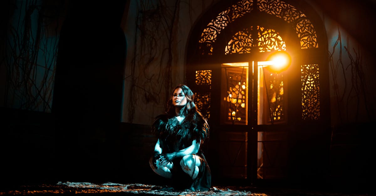 a woman in black attire kneels in dramatic lighting with ornate door backdrop