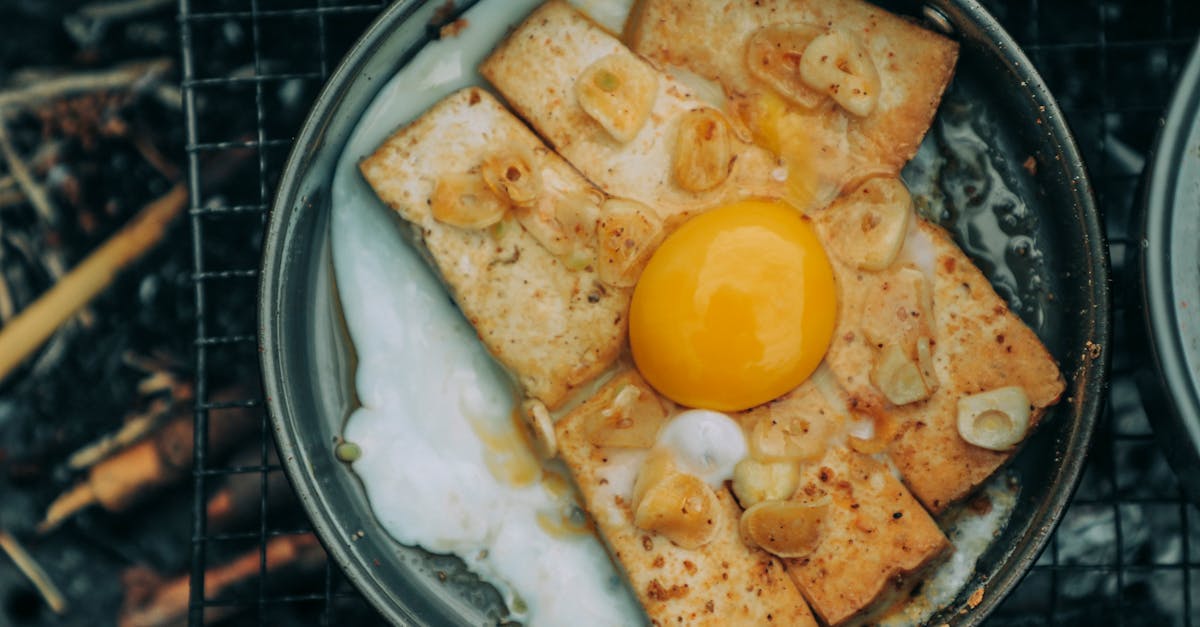 appetizing fried egg yolk and tofu cooked with garlic in a rustic skillet 2