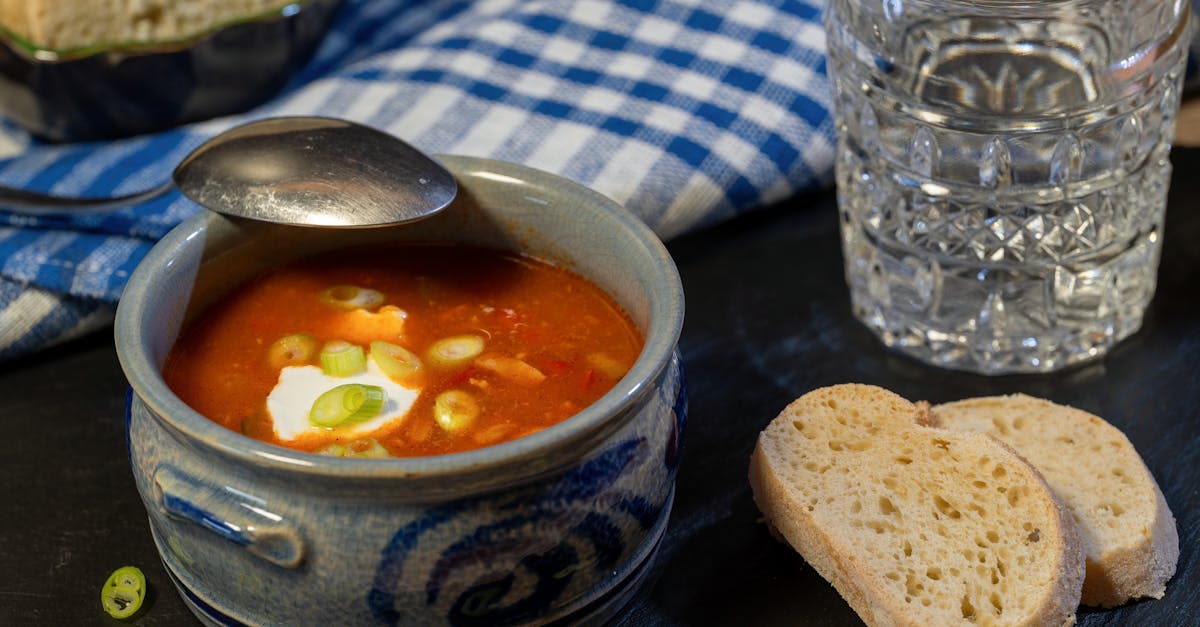bowl of hearty solyanka soup with sour cream garnished with green onions served with bread slices