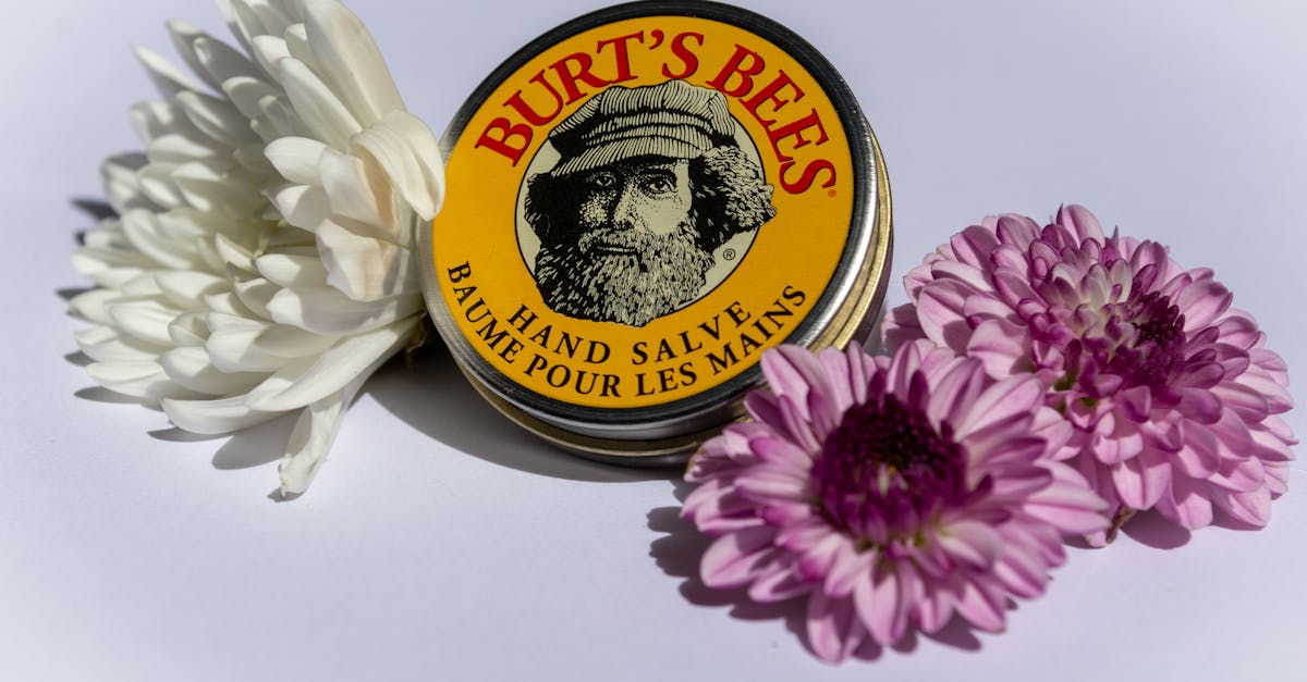 burt s bees hand salve with white and purple flowers on a bright background